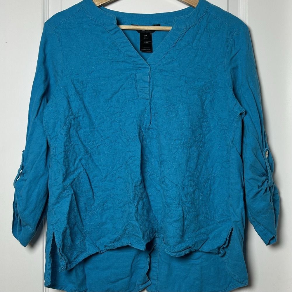 Ali Miles Linen Blend Turquoise Roll Tab Sleeve Tunic Blouse Coastal‎ Chic Style